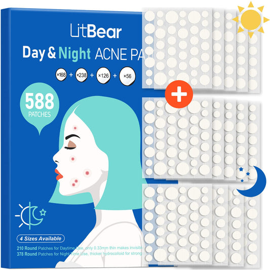 LitBear Acne Patches Day-Night pack visual for around-the-clock care.
