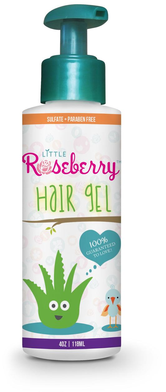 Little Roseberry kids hair gel bottle with light hold and safe formula