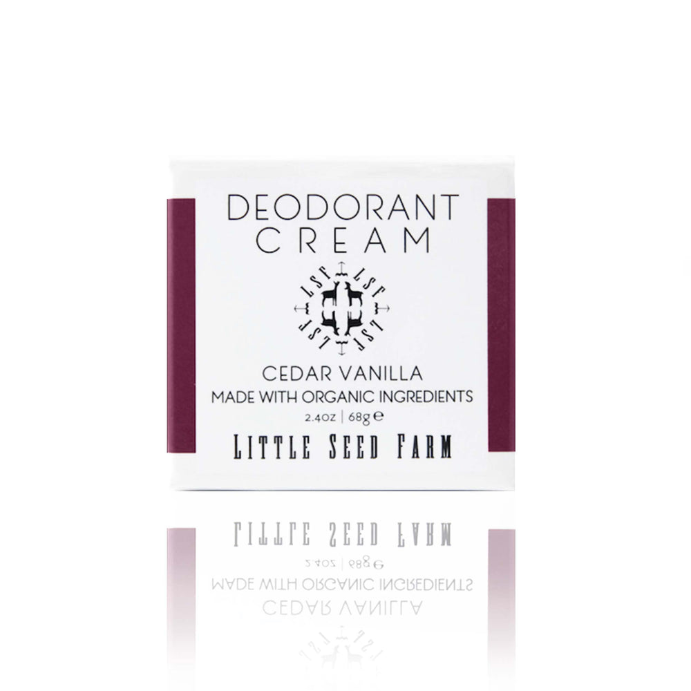 Little Seed Farm Cedar Vanilla deodorant jar with wooden scoop for easy, precise application.