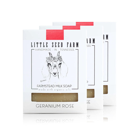 Little Seed Farm geranium rose bar with creamy goat milk base for balanced skin.