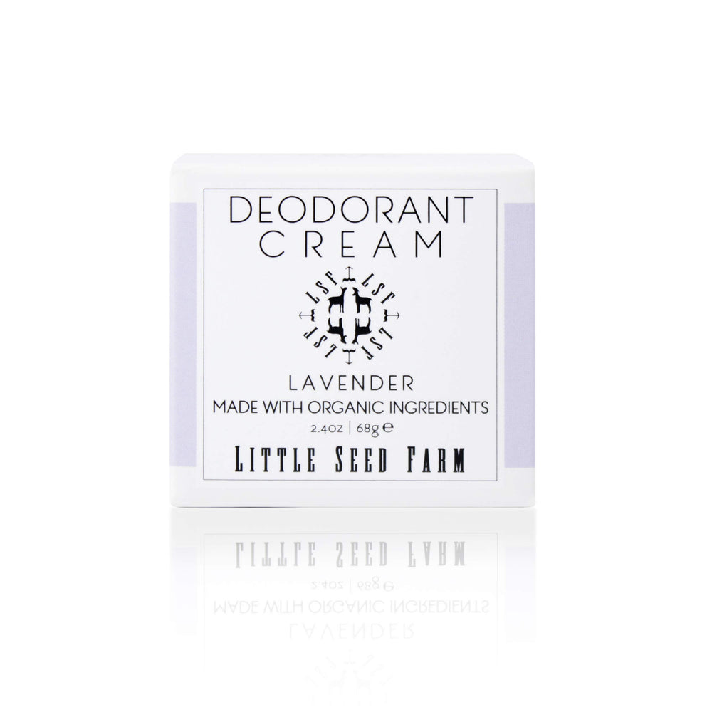 Little Seed Farm Lavender deodorant cream jar close-up shows creamy texture ideal for sensitive skin.