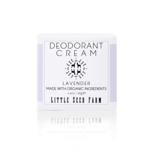 Little Seed Farm Lavender deodorant cream jar close-up shows creamy texture ideal for sensitive skin.