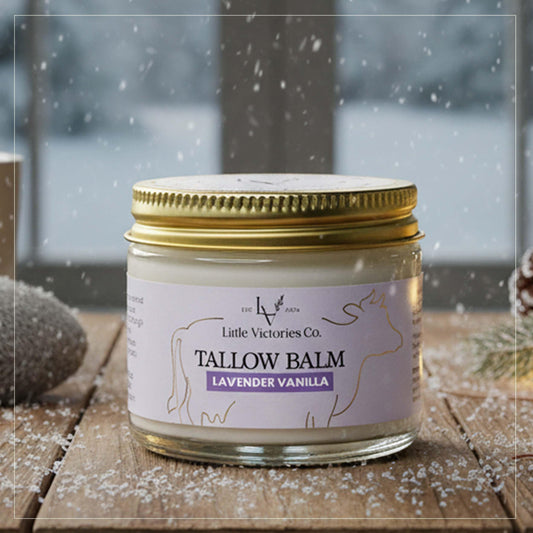 Little Victories Co grass-fed beef tallow balm in a jar offering deep nourishing hydration.