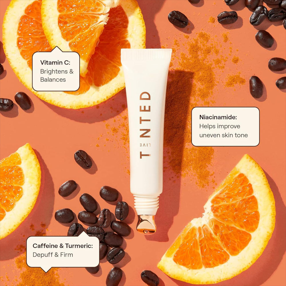 Live Tinted Superhue Eye Cream ingredients Niacinamide and Vitamin C for brightening benefits.