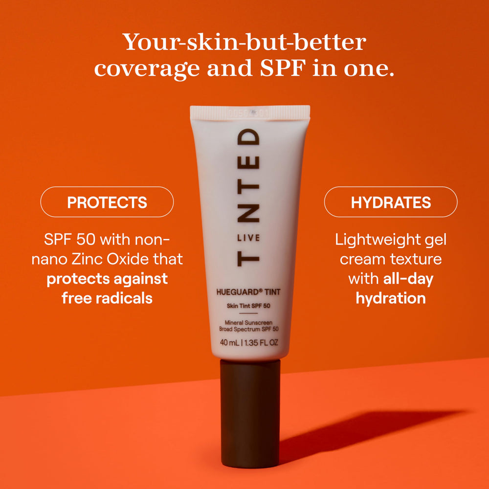 Live Tinted Hueguard SPF 50 swatches on arm illustrate buildable coverage and natural radiance.