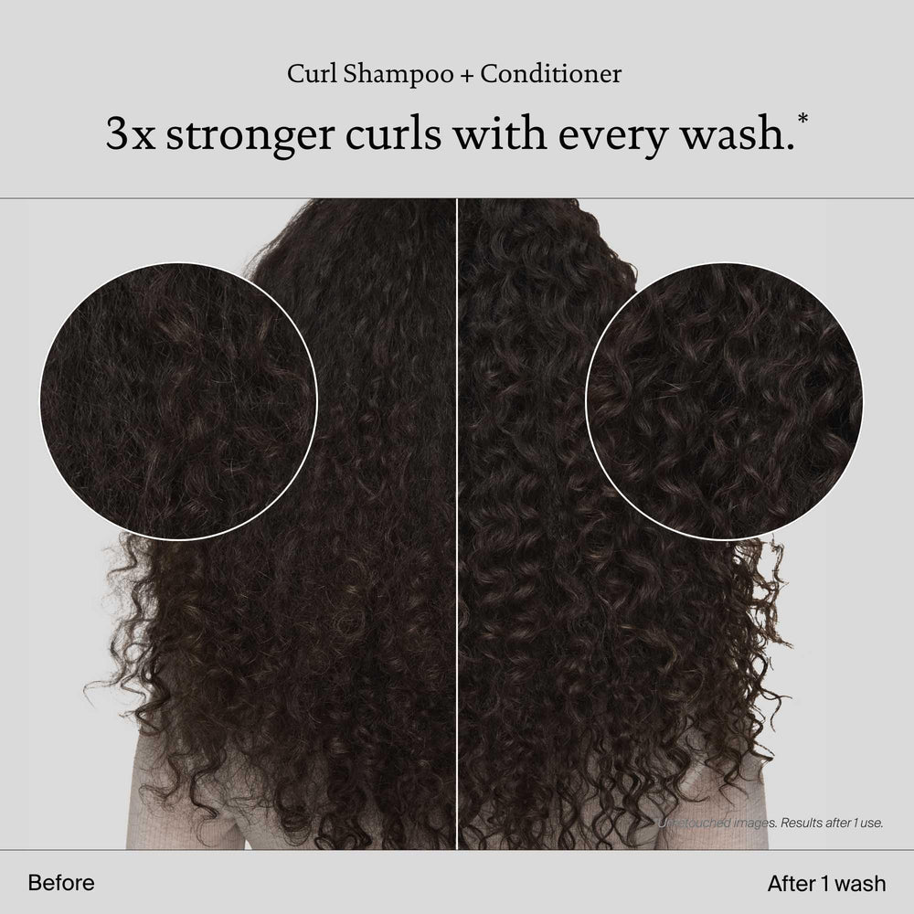 Living Proof Curl Shampoo on hair defines curls with smooth, healthy-looking shine.