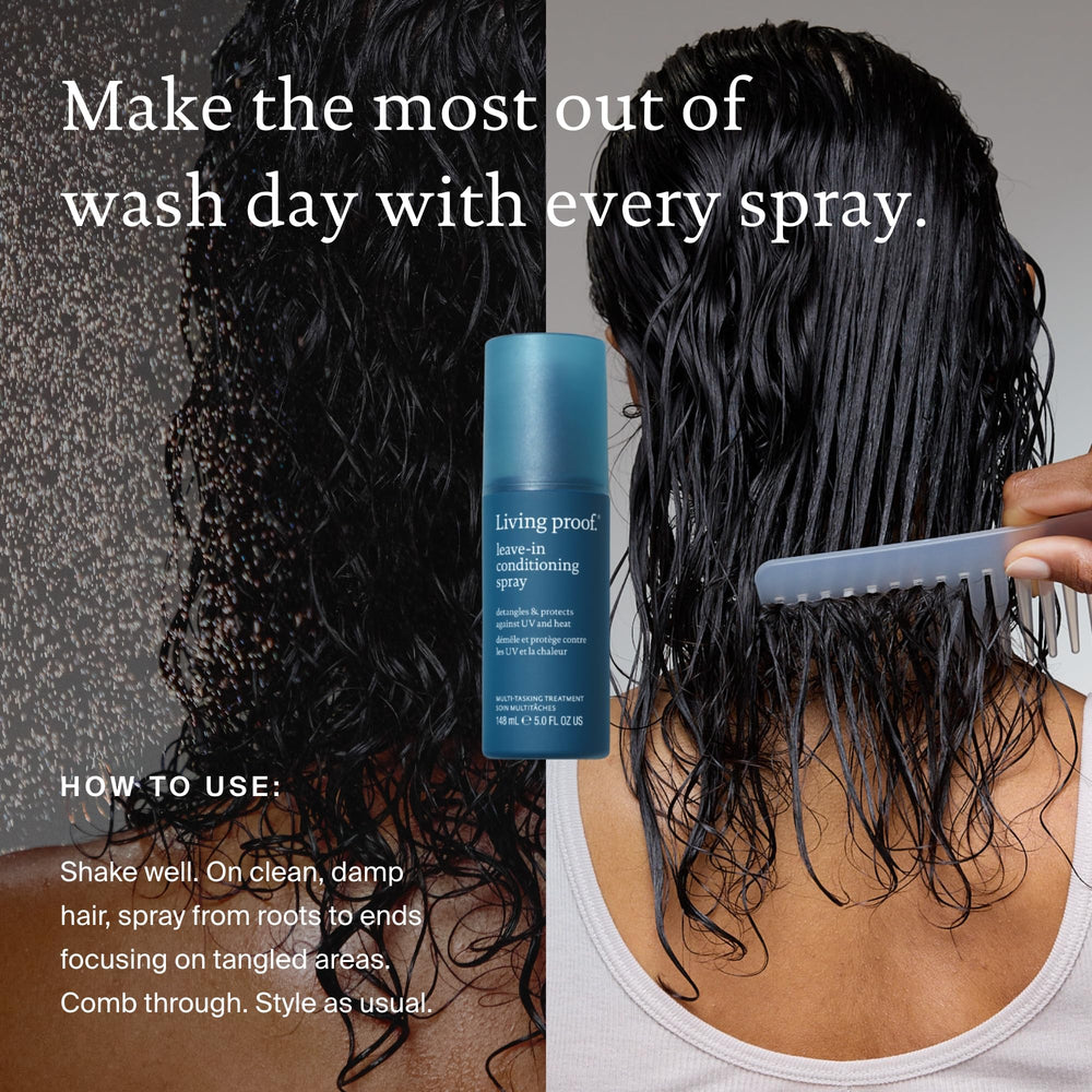 Living Proof Leave-In Conditioning Spray bathroom setup ready for daily routine.