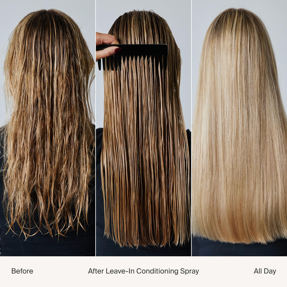 Living Proof Leave-In Conditioning Spray bottle shows lightweight conditioning for easy styling.