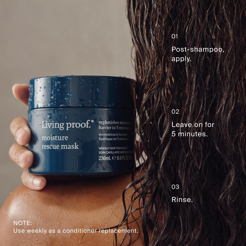 Key ingredients visuals with Living Proof Moisture Rescue Mask suggest lasting hydration.