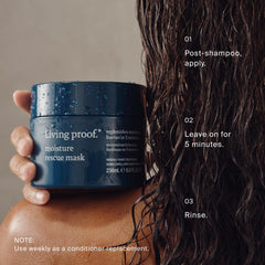 Key ingredients visuals with Living Proof Moisture Rescue Mask suggest lasting hydration.