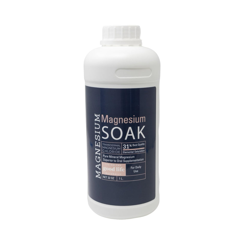 Living the Good Life Naturally magnesium soak bottle front for relaxation and skin hydration.