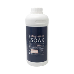 Living the Good Life Naturally magnesium soak bottle front for relaxation and skin hydration.