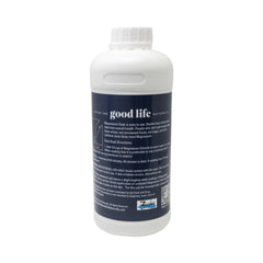 Label closeup of Living the Good Life Naturally magnesium soak with EU-certified formula.