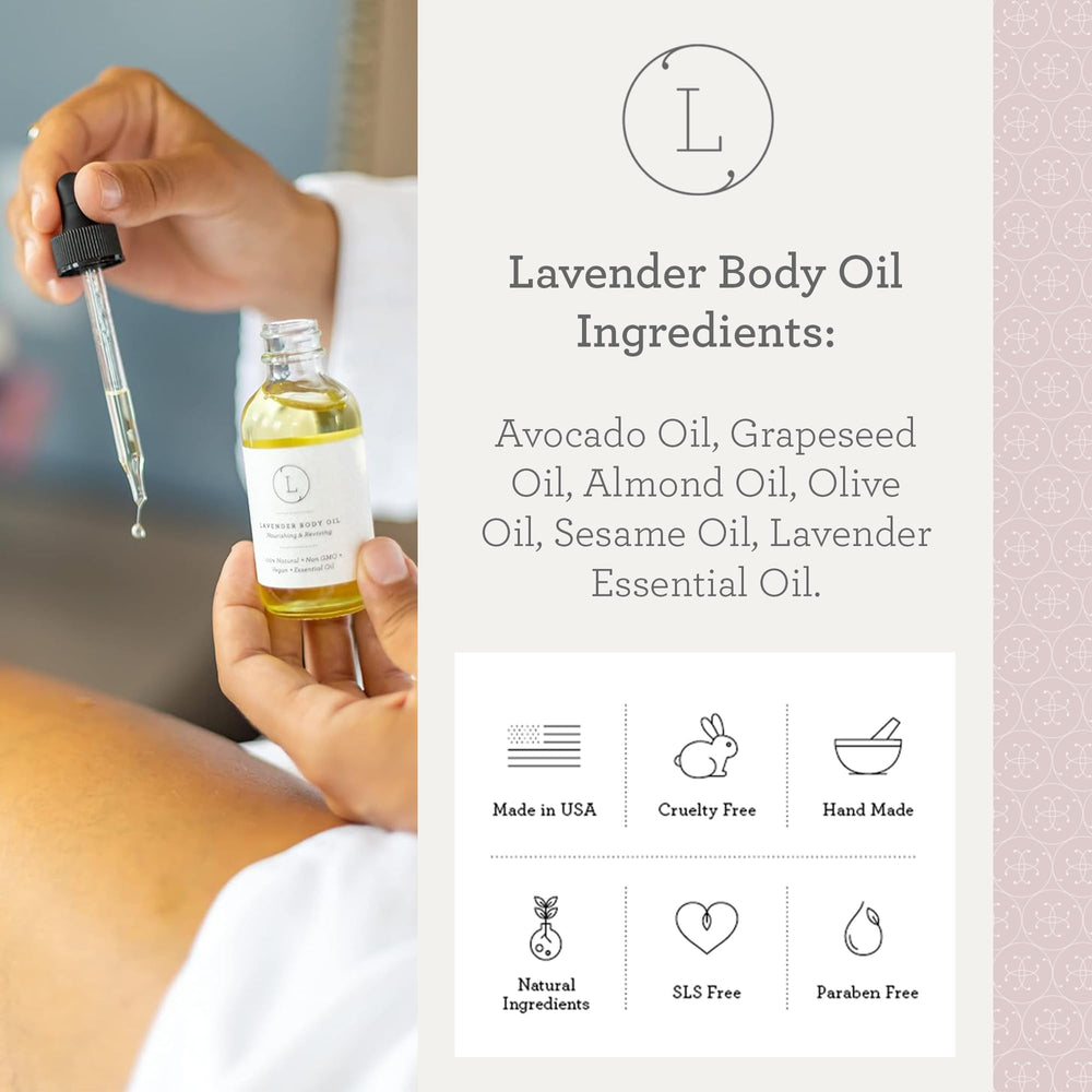 Lizush Lavender Body Oil texture absorbed into skin for a silky, non-greasy finish.