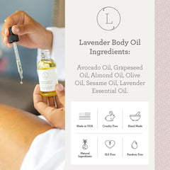 Lizush Lavender Body Oil texture absorbed into skin for a silky, non-greasy finish.