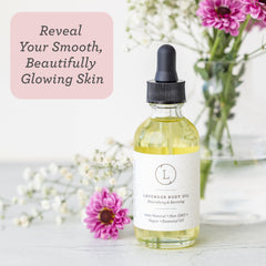 Spa-like setup with Lizush Lavender Body Oil for luxurious post-shower ritual.