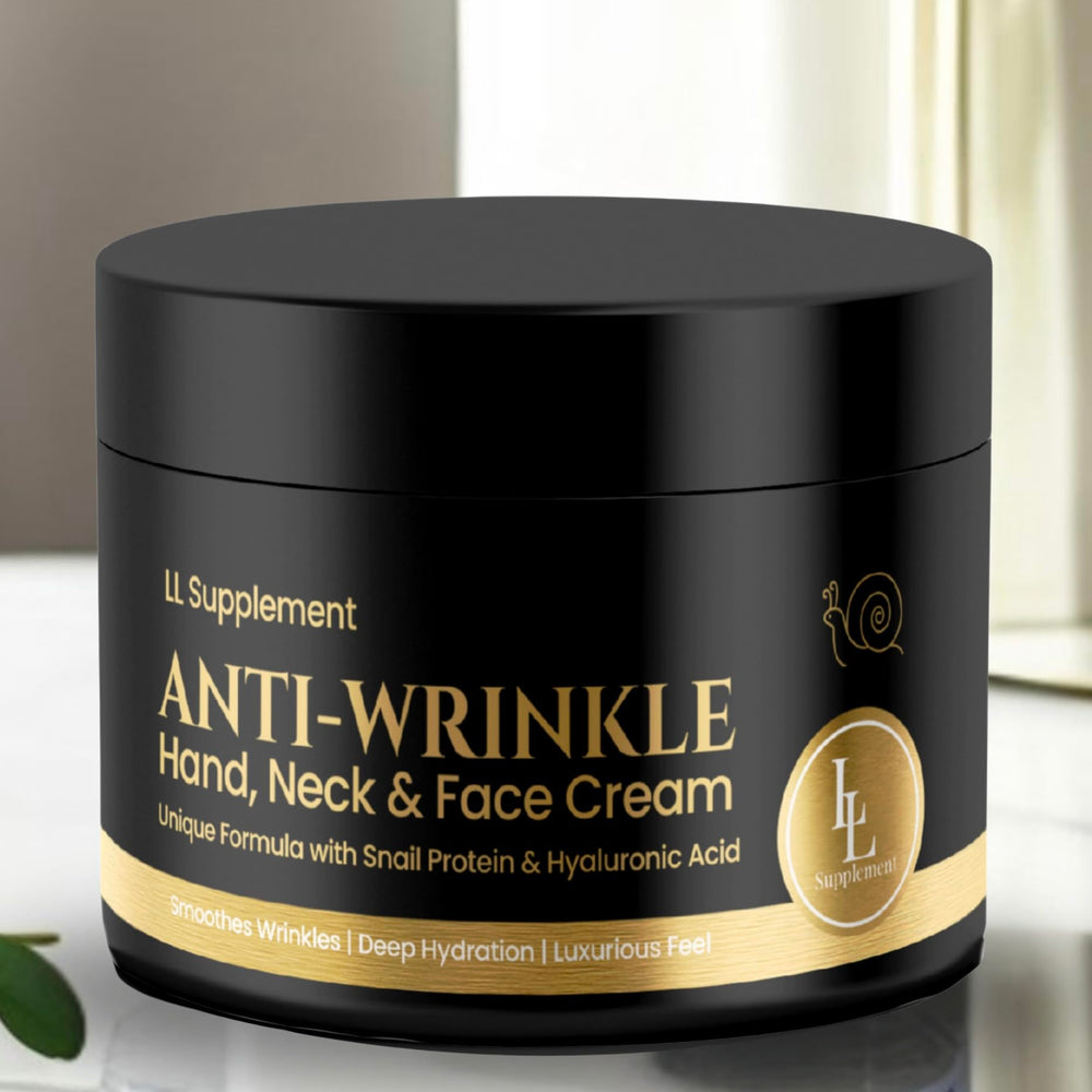 LL Supplement Anti-Wrinkle Cream bottle close-up, showcasing premium hydration for facial care.