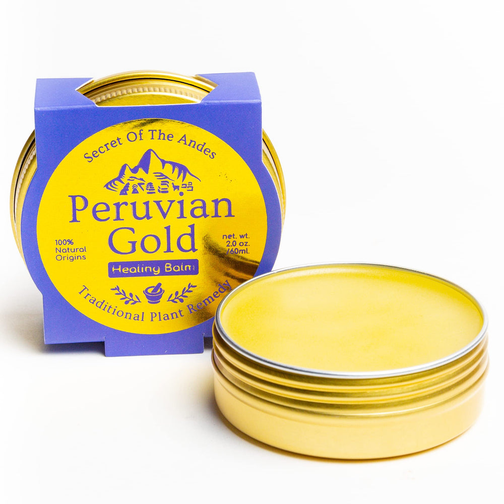 Llama Mama Peruvian Gold balm bottle closeup shows organic ingredients for skin care.