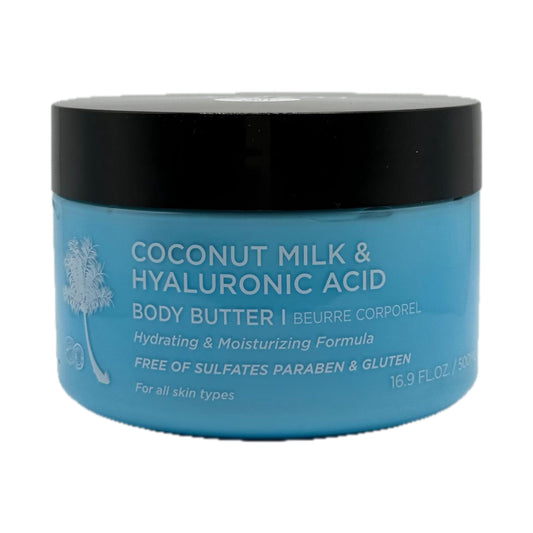 L LUSETA coconut milk hyaluronic body butter jar for deep hydration.