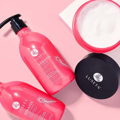 L LUSETA conditioner application shows anti-frizz and strengthening care.