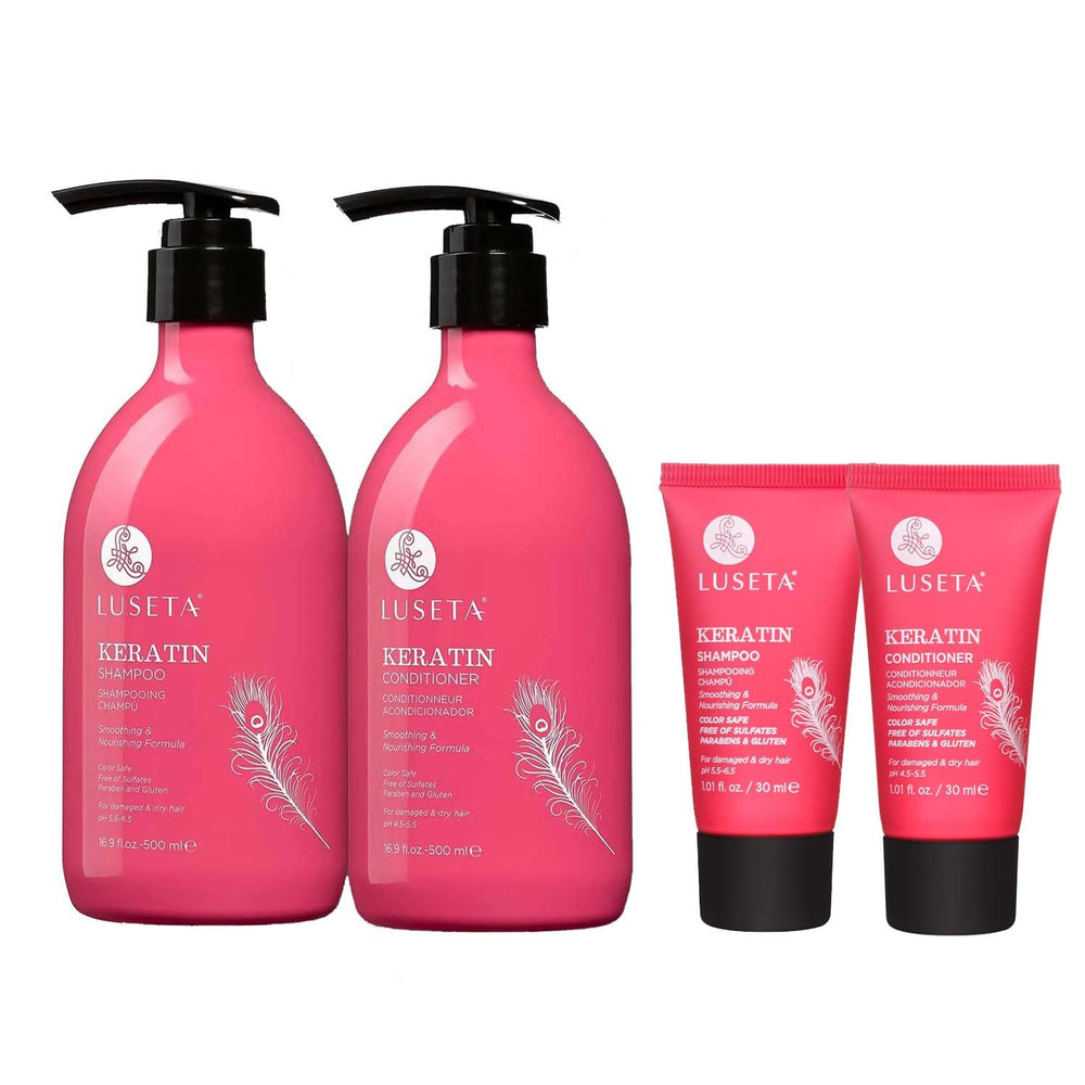 L LUSETA Keratin Shampoo bottle pour for smoother, shinier color-treated hair.