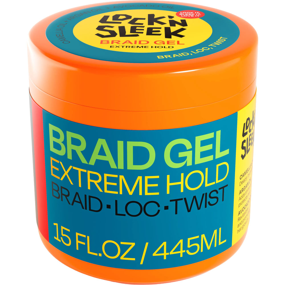 LOCK'N SLEEK bottle displaying extreme hold gel with no flakes for protected styles