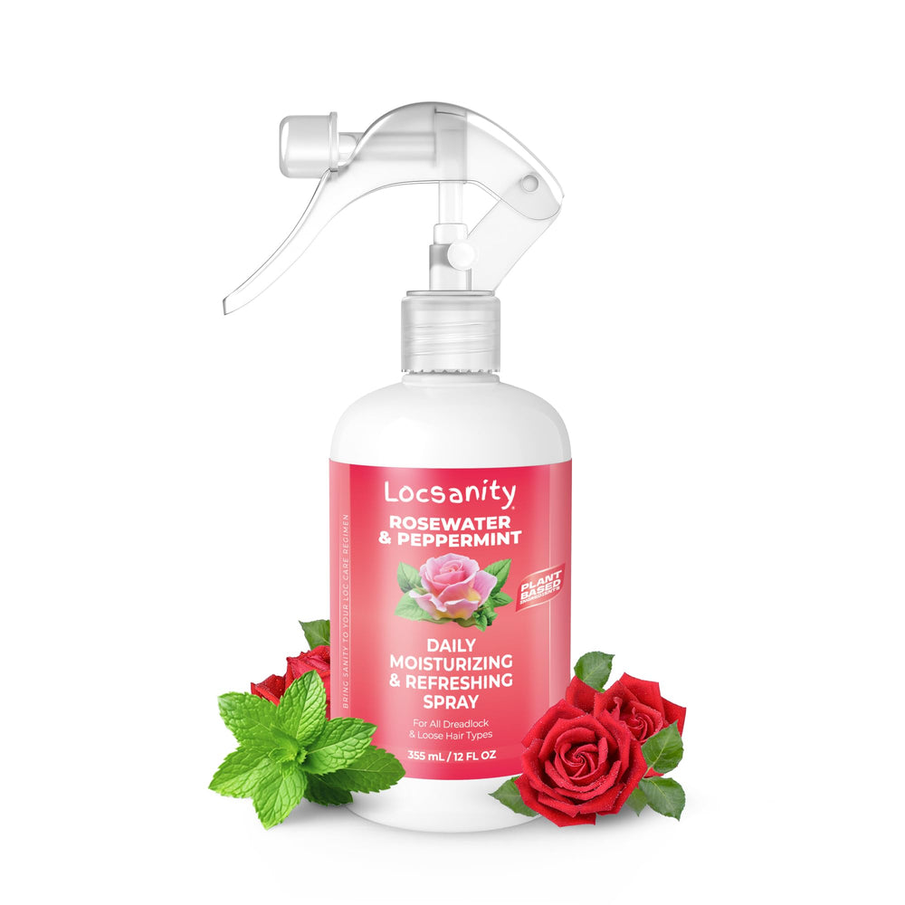 Locsanity Daily Spray rosewater bottle pour for lightweight hydration on locs