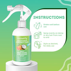 Close-up label of Locsanity spray highlights natural ingredients and citrus aroma