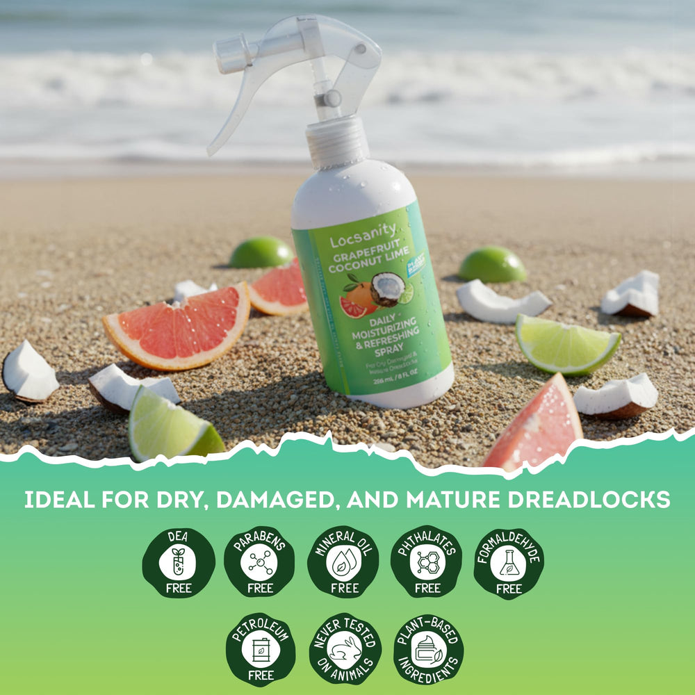 Fine-mist spray on locs refreshes and moisturizes throughout the day