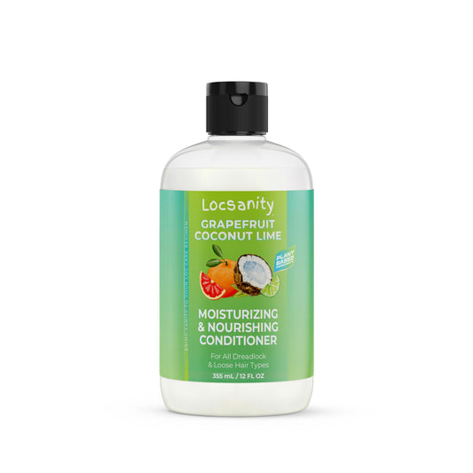 Locsanity Grapefruit Coconut Lime loc conditioner bottle promotes hydrated, manageable locs.