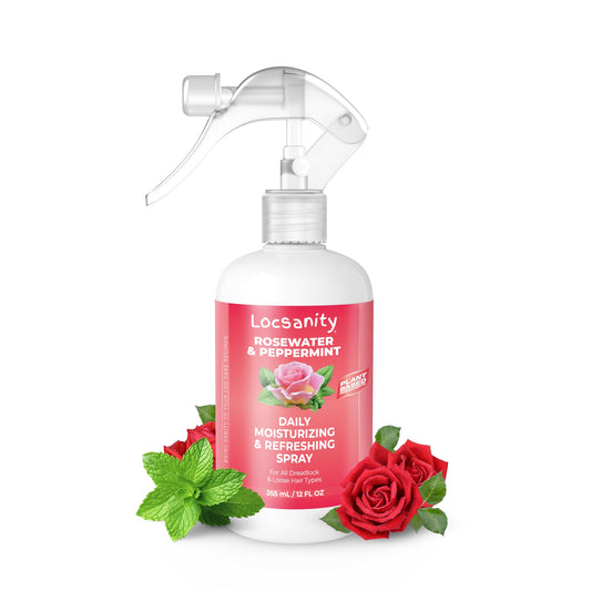 Locsanity Rosewater Peppermint Daily Spray bottle refreshes locs with lightweight moisture.