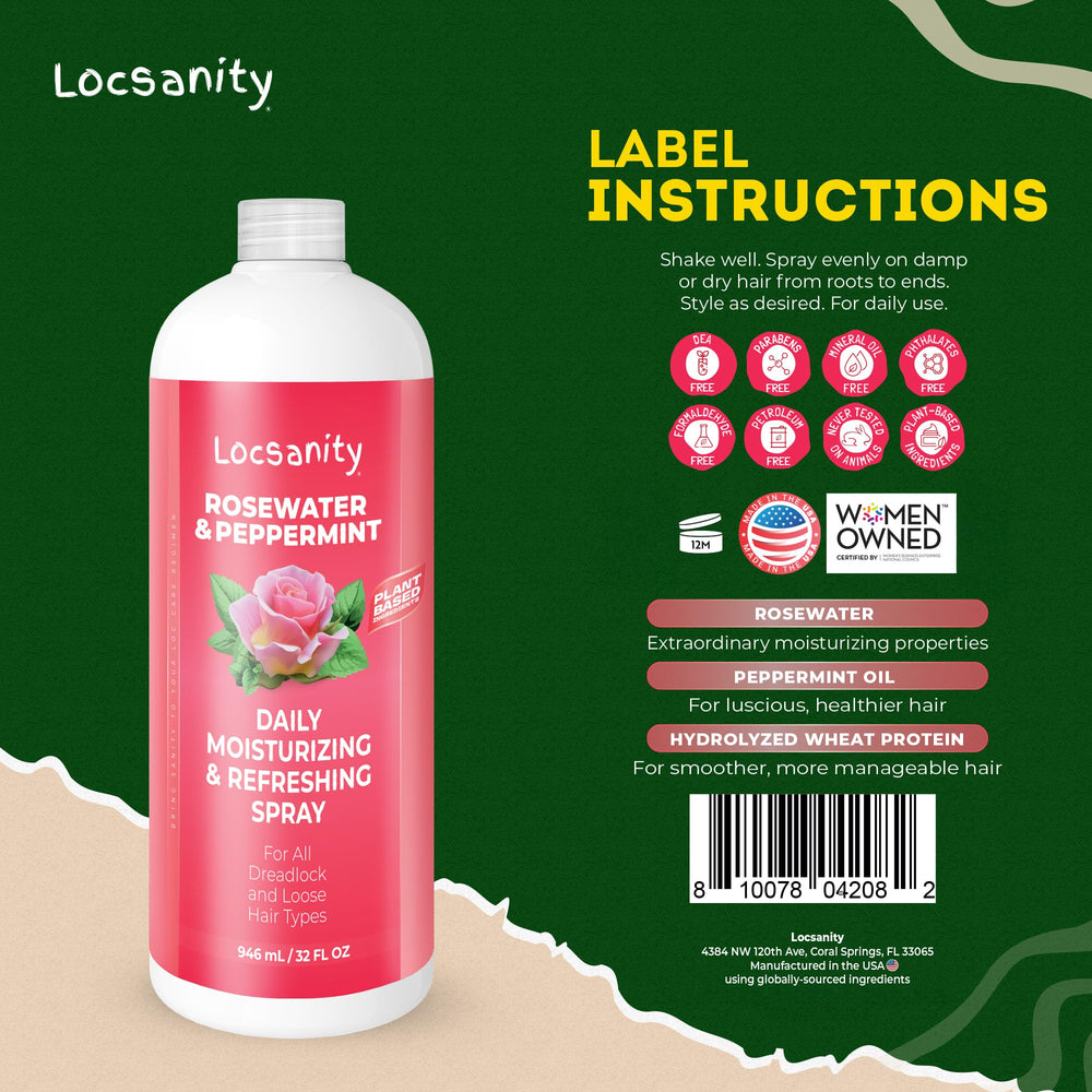 Close-up of Locsanity spray mist refreshing dreadlocks.