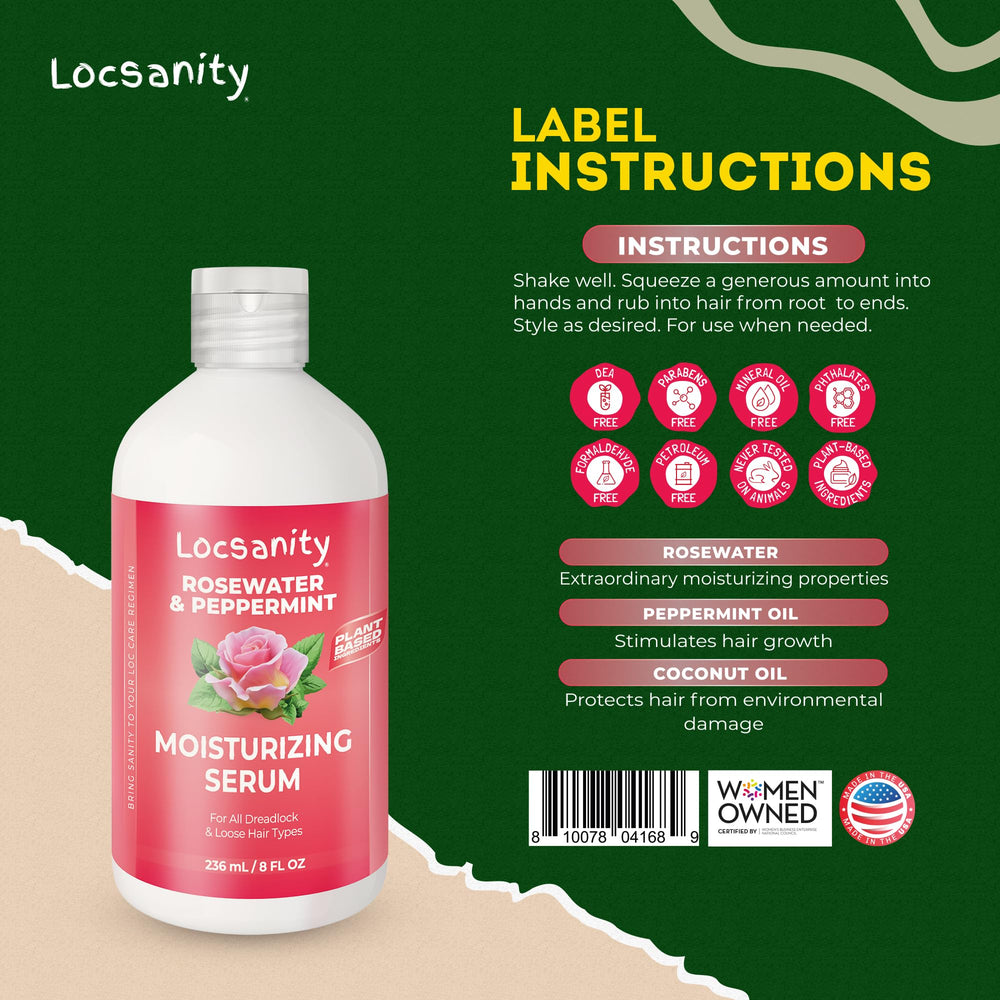 Locsanity Rosewater Peppermint Serum application on locs delivers lightweight moisture.