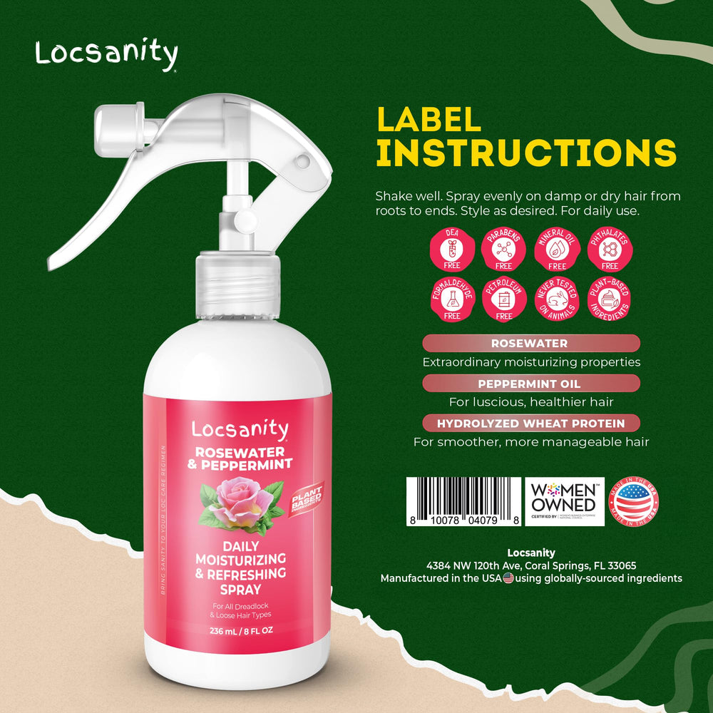 Locsanity Rosewater Peppermint Spray mist on locs for refreshing scalp feel.
