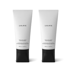 LolaVie Exfoliate & Detox Scalp Shampoo bottle highlighting 2-in-1 cleansing for clean, voluminous hair