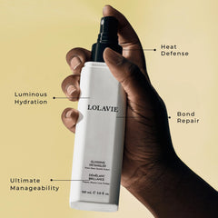 LolaVie Glossing Detangler being sprayed onto damp hair for detangling and heat protection.