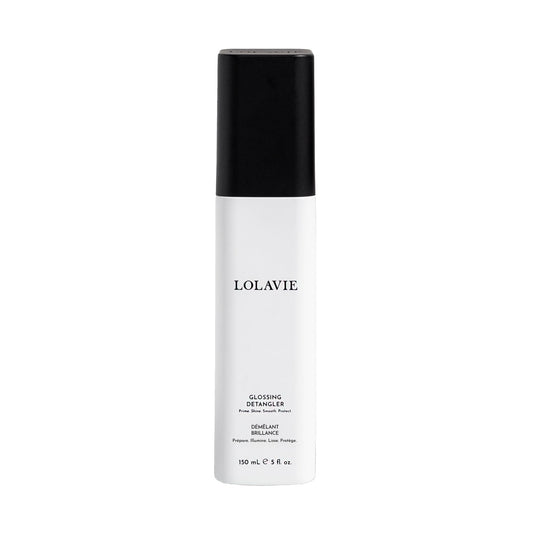 LolaVie Glossing Detangler bottle ready for quick smoothing and shine.