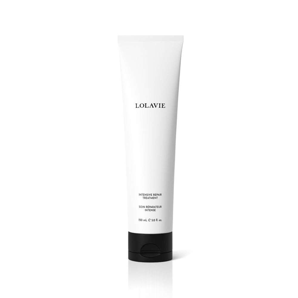 LolaVie Intensive Repair Treatment bottle demonstrates bond-repair benefits for damaged hair