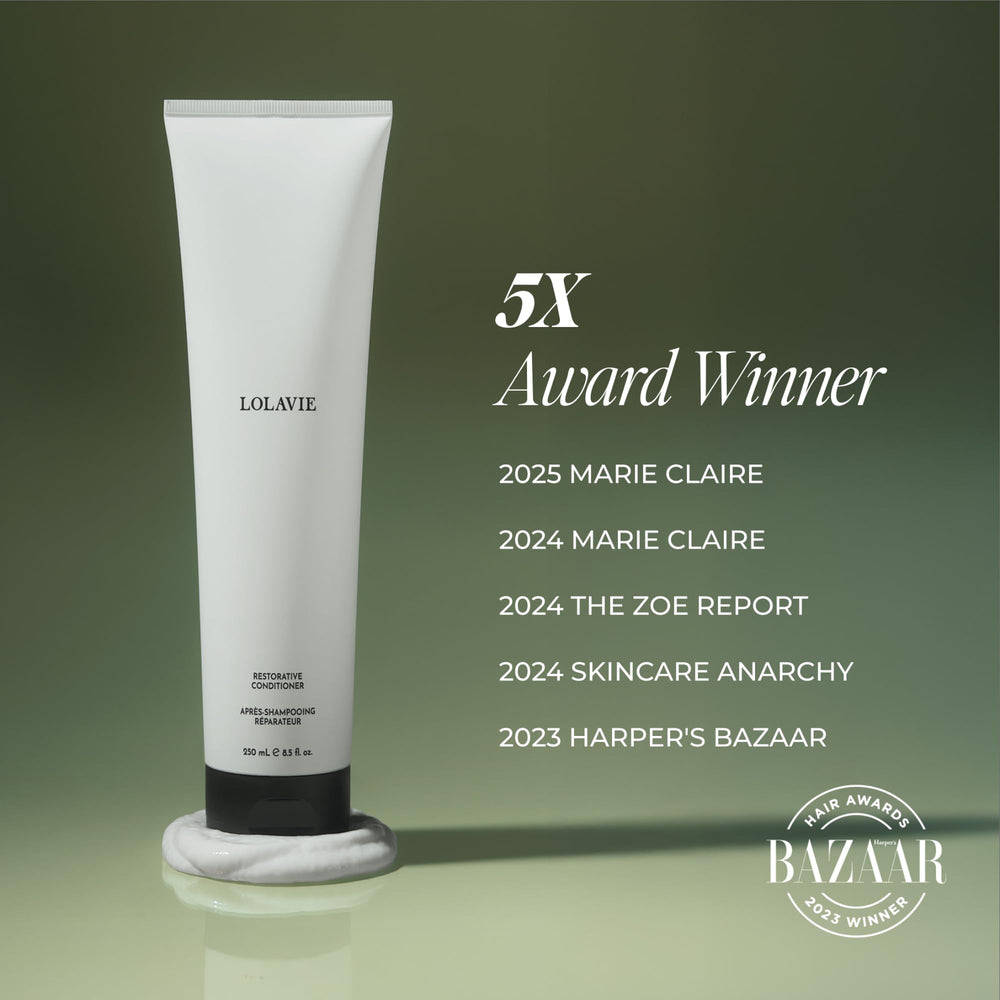 Silky, frizz-controlled hair after using LolaVie Restorative Conditioner.