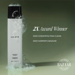 LolaVie Restorative Shampoo ceramide illustration, smooth texture focus.