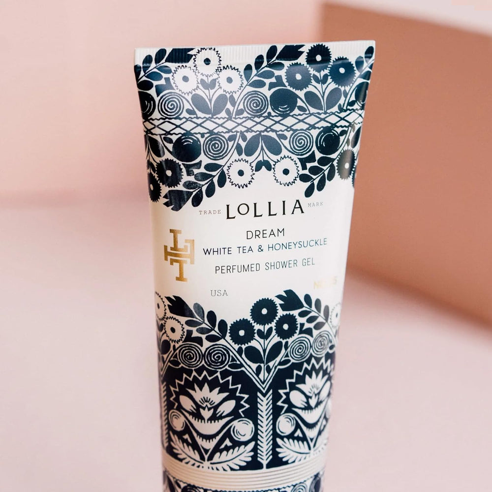 Elegant satin-touch tube with blue florals in a bright bathroom scene