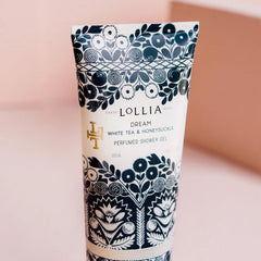 Elegant satin-touch tube with blue florals in a bright bathroom scene