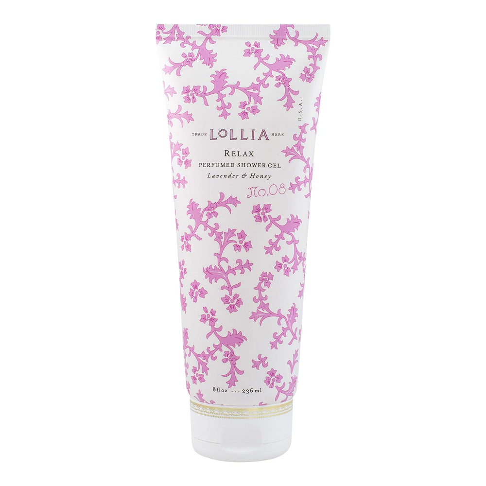 LOLLIA Relax Shower Gel bottle front with elegant packaging and calming lavender scent.