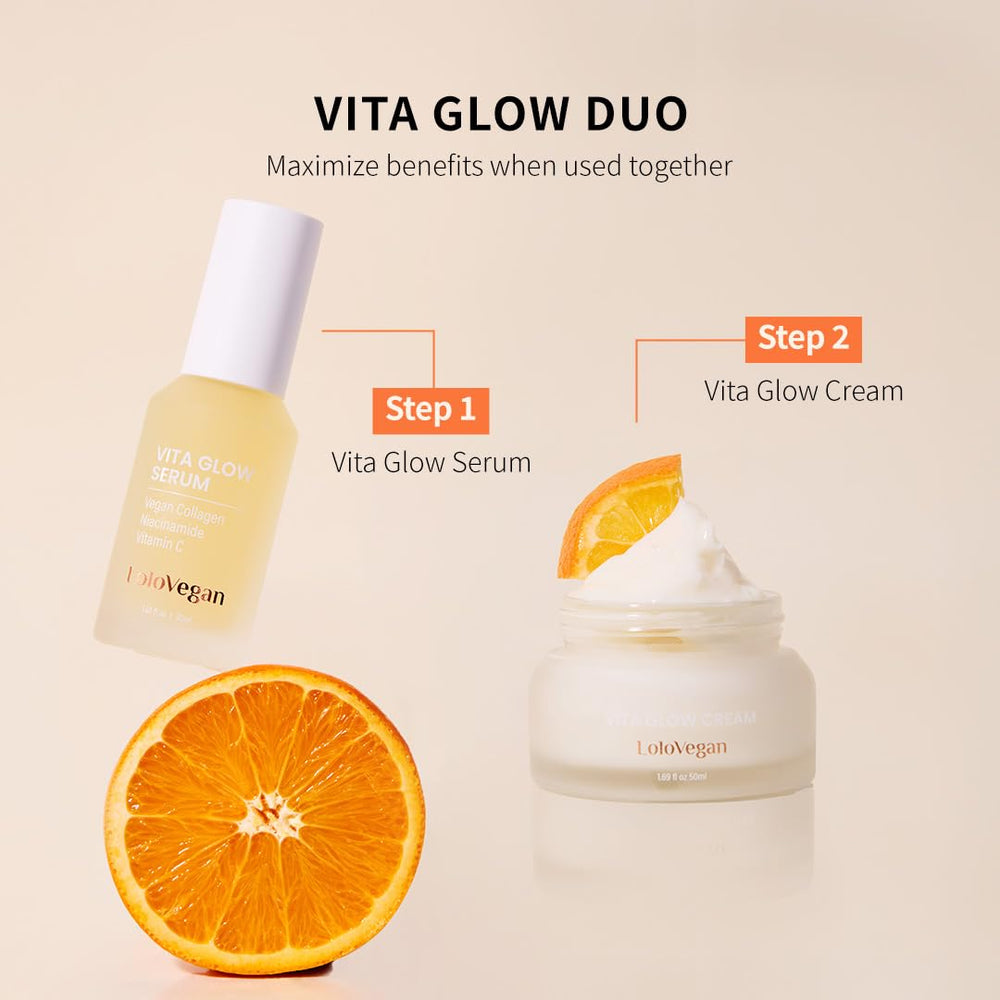 Lolovegan Vita Glow Cream packaging flat lay with branding visible.