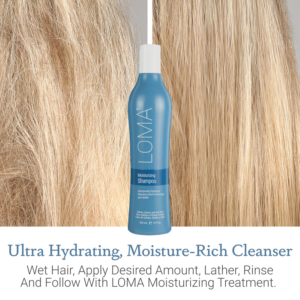 LOMA Moisturizing Shampoo back label highlights gluten and paraben free features.