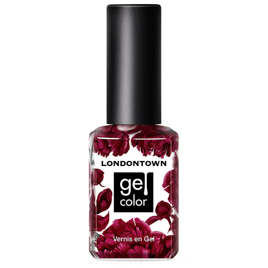 LONDONTOWN glossy deep purple bottle close-up, premium shine for a bold manicure.
