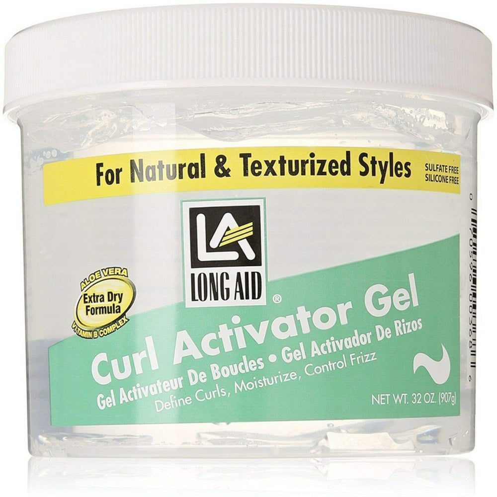 Long Aid Curl Activator Gel 32oz bottle with Aloe Vera for dry hair hydration and curl definition.