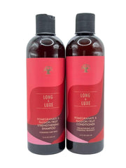Long & Luxe shampoo bottle with pomegranate promises stronger, nourished hair.