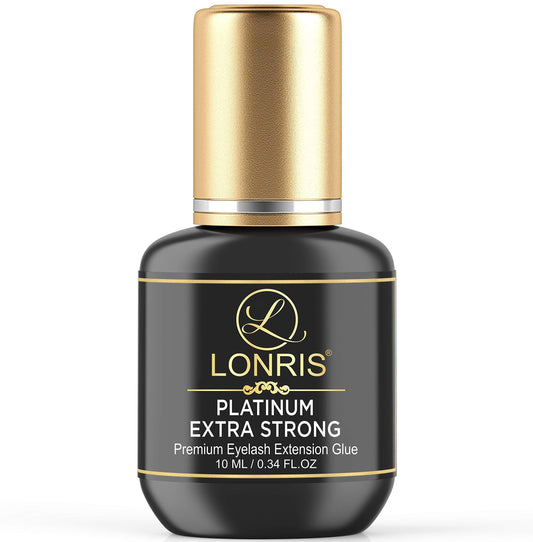 LONRIS Platinum extra strong lash glue bottle highlights long retention for professional lash extensions.