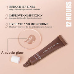 Loobexery lip butter tube close-up showing non-sticky moisturizing formula with shea and olive butter.
